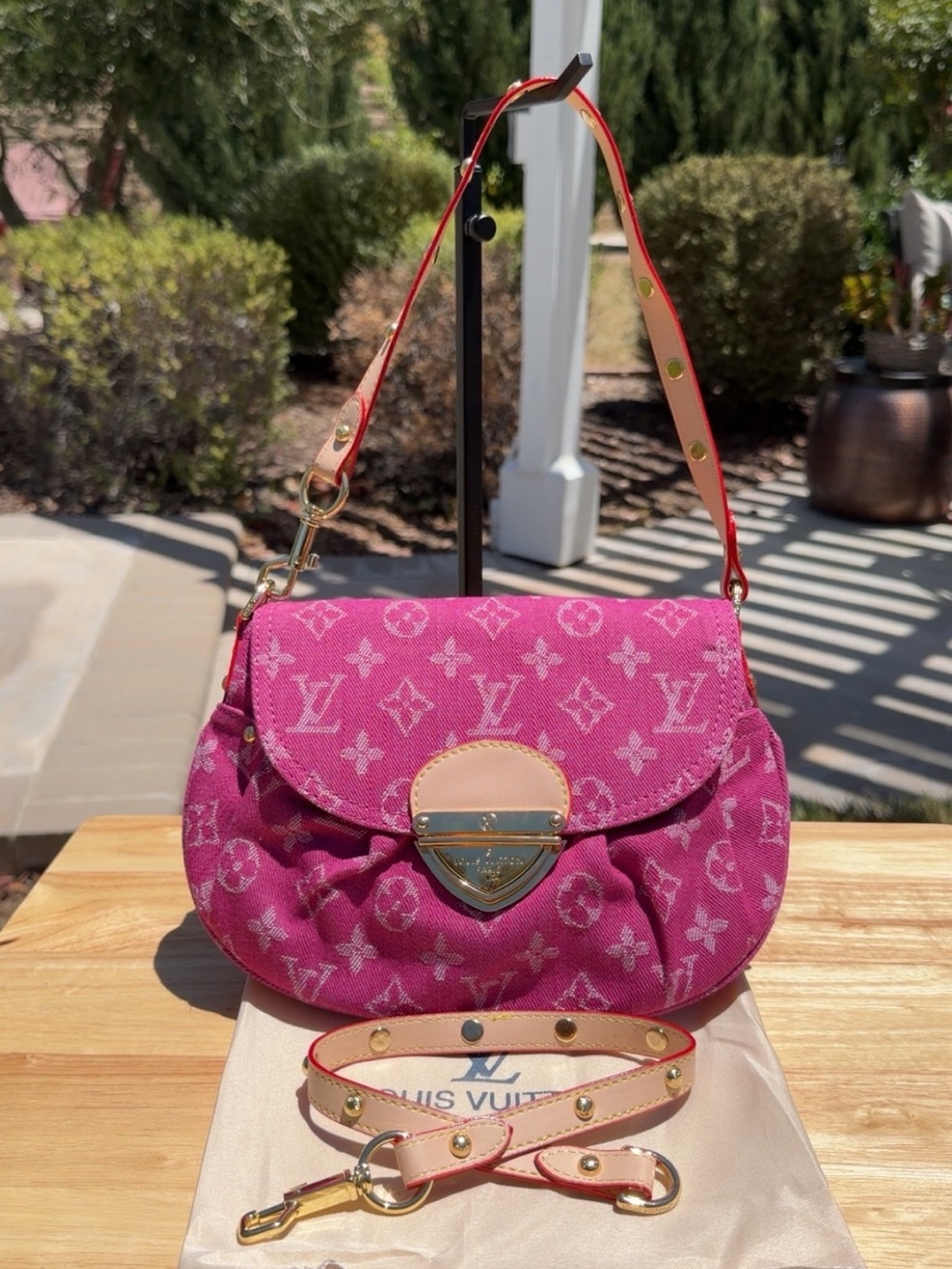 NEW LV Print Source Unknown Hot Pink Fuchsia Denim & Gold Sunset Top Handle Bag